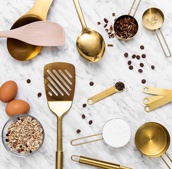 Gold Cooking Utensils with Gold Measuring Cups and Spoons Set - 23 Piece  Luxe White and Gold Kitchen Accessories Include Gold Metal Measuring Cups  and